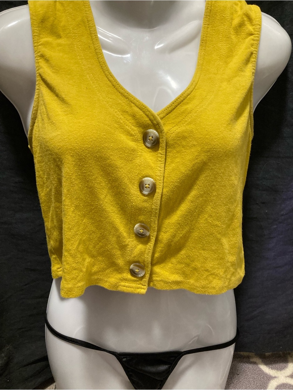 Twik  Mustard Yellow Button Crop Tank Top Sleeveless Soft Knit Size L Y2K